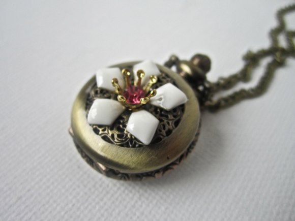 Antique Bronze Flower Pocket Watch Necklace Jewelry by Amy Alexander Designs