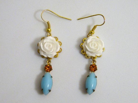 White Rose Wedding Earrings , Gold Plated Dangle Earrings , Turquoise and Topaz Bridal Accessories by Amy Alexander Designs